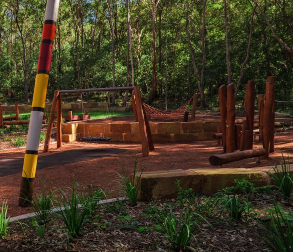 a wideshot of a wooden playground